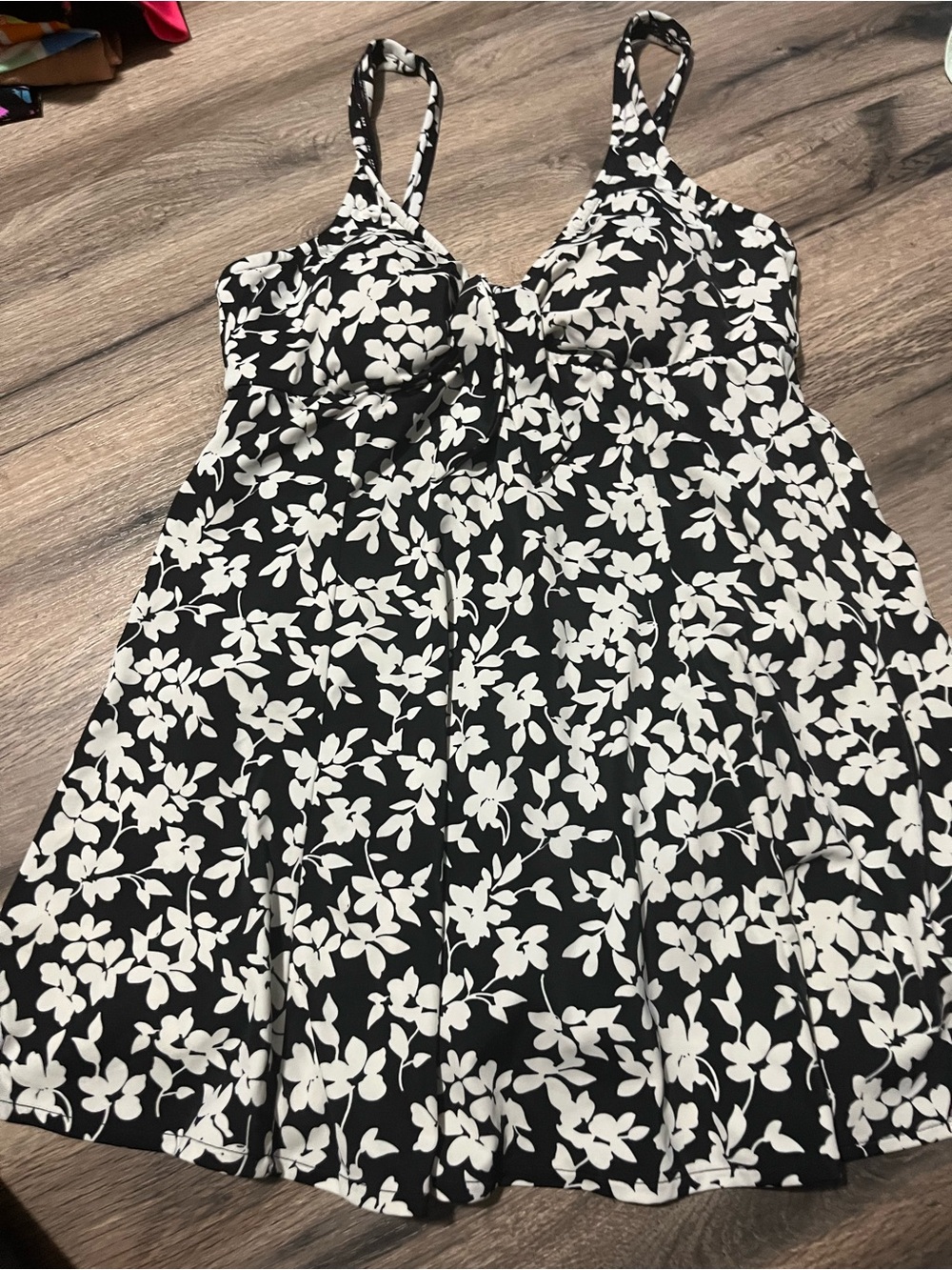 Black & White Floral Fit-and-Flare swim Dress- full one piece included